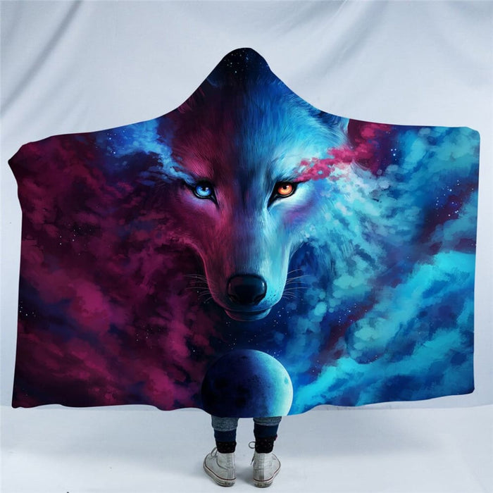 Hooded Blanket 3d Wolves For Adults Ice Fire Sherpa Fleece