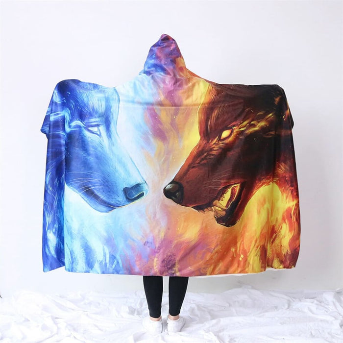 Hooded Blanket 3d Wolves For Adults Ice Fire Sherpa Fleece