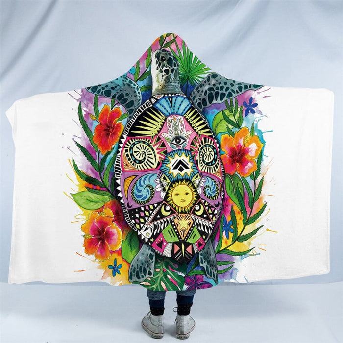 Hooded Blanket Bohemian Floral Colorful Sherpa Fleece