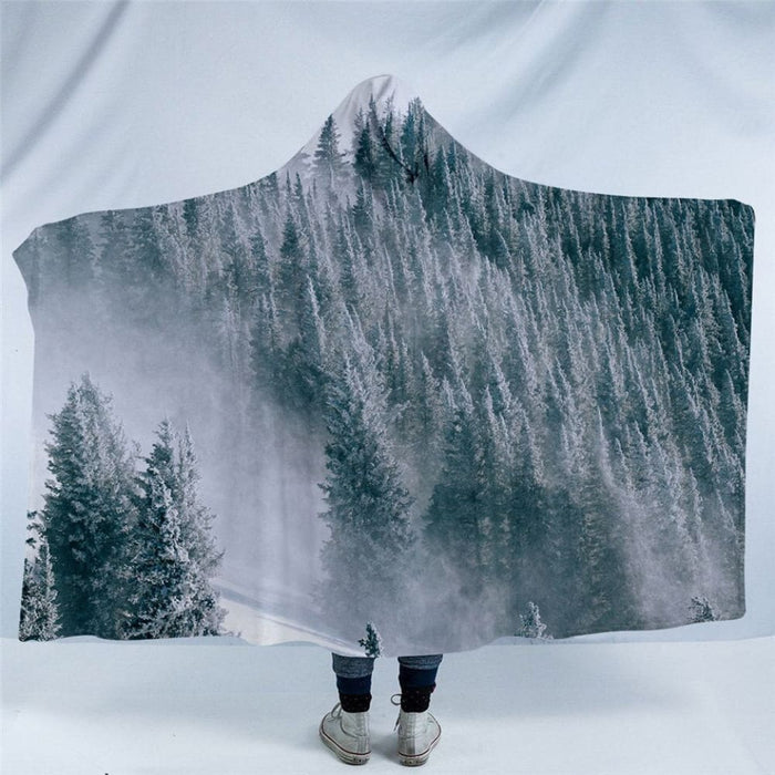 Hooded Blanket Coniferous Tree Sherpa Fleece Wearable Foggy