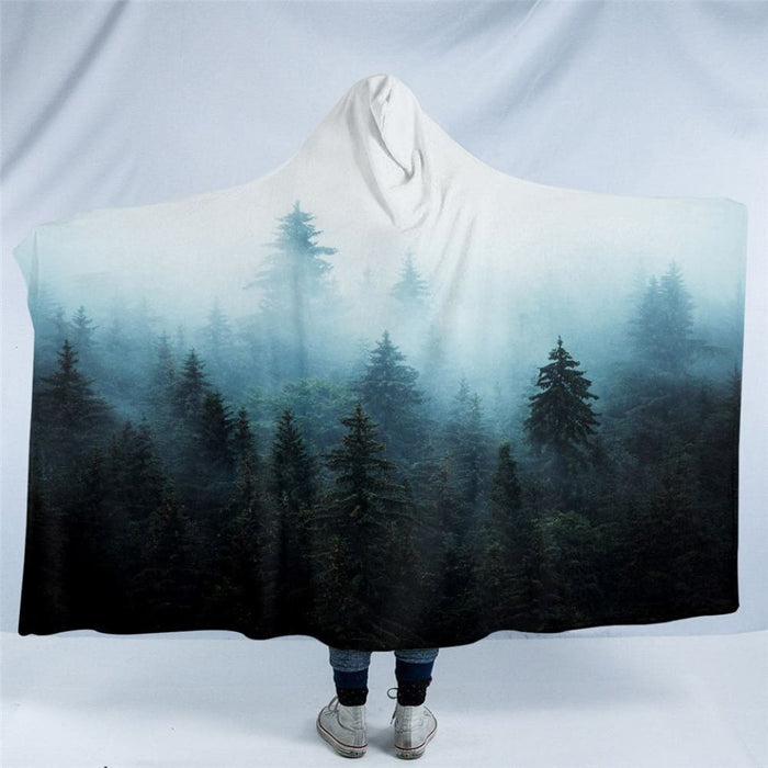 Hooded Blanket Coniferous Tree Sherpa Fleece Wearable Foggy