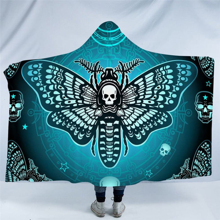 Hooded Blanket Gothic Skull Blue Stars Sherpa Fleece