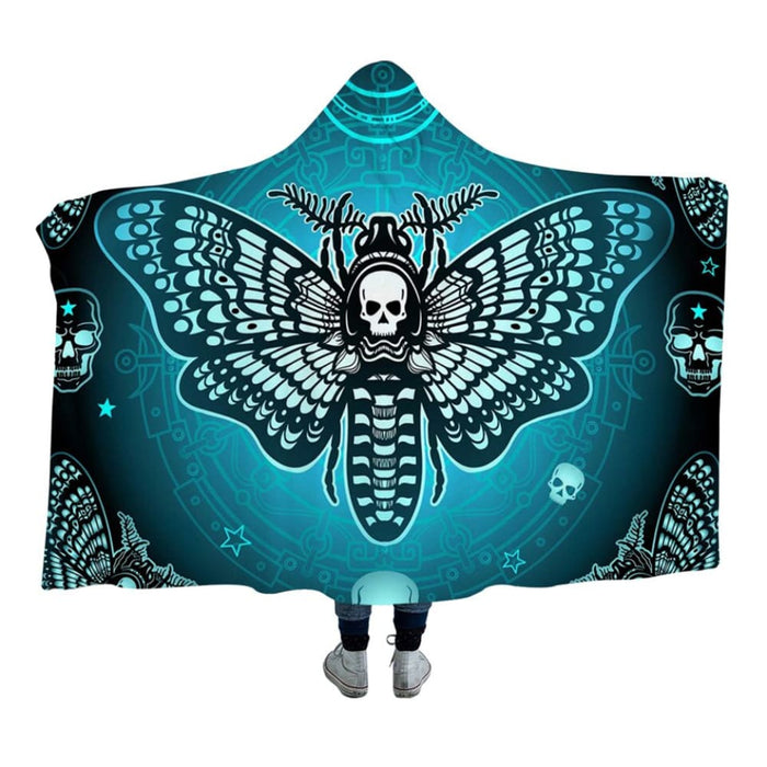 Hooded Blanket Gothic Skull Blue Stars Sherpa Fleece