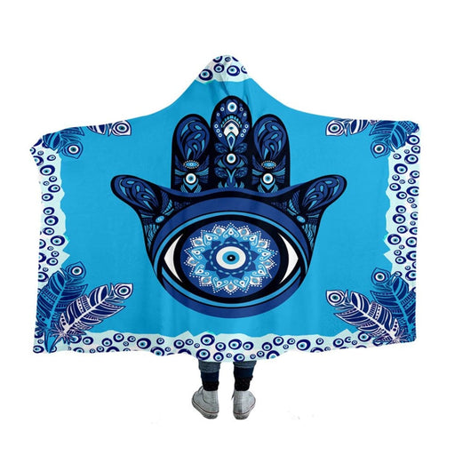 Hooded Blanket Mandala Hand Blue Microfiber Wearable