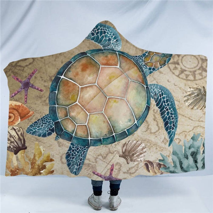 Hooded Blanket Marine Animal Tortoise Sherpa Fleece Wearable