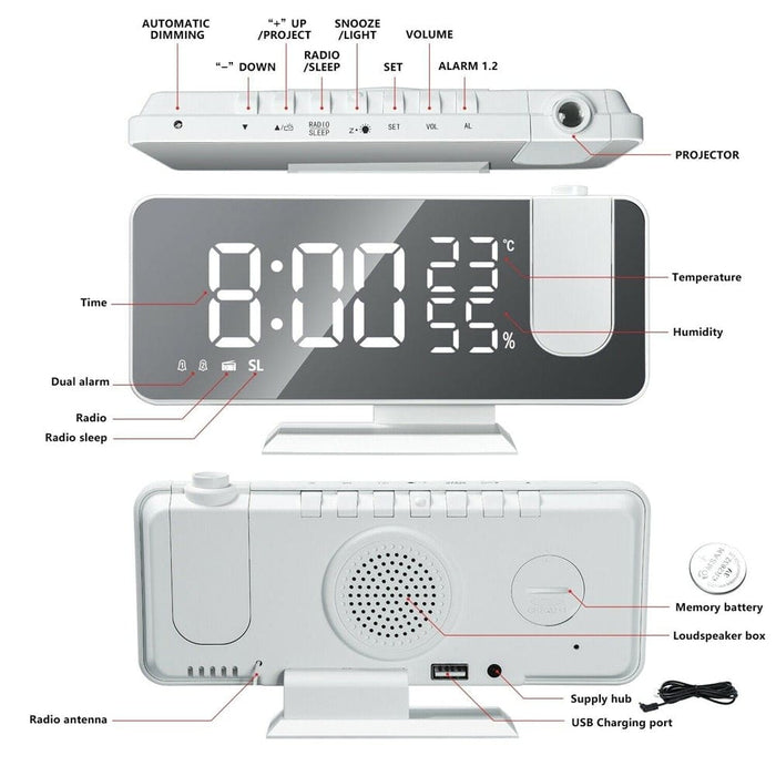 Led Big Screen Mirror Alarm Clock With Projection Display-