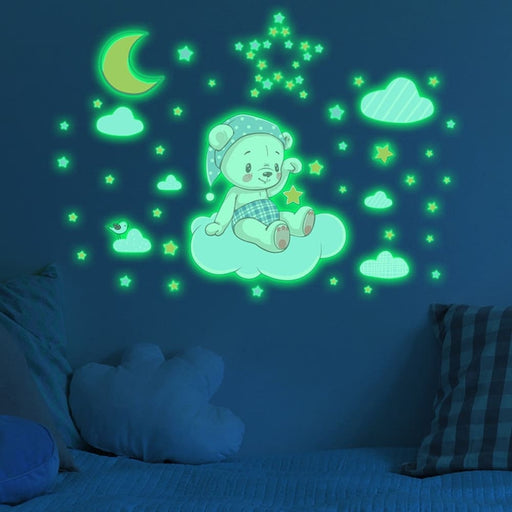 Luminous Cartoon Bear On The Cloud Stars Wall Stickers Glow