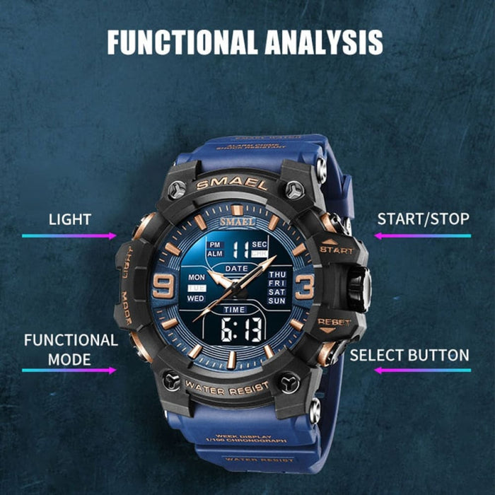 Men Watch Sport Waterproof Led Light Alarm Clock Dual Time