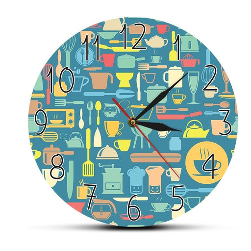 Modern Art Prints Kitchen Wall Clock Utensils Inspired Cook