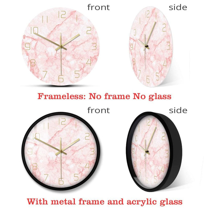 Natural Pink Marble Round Wall Clock Silent Non Ticking