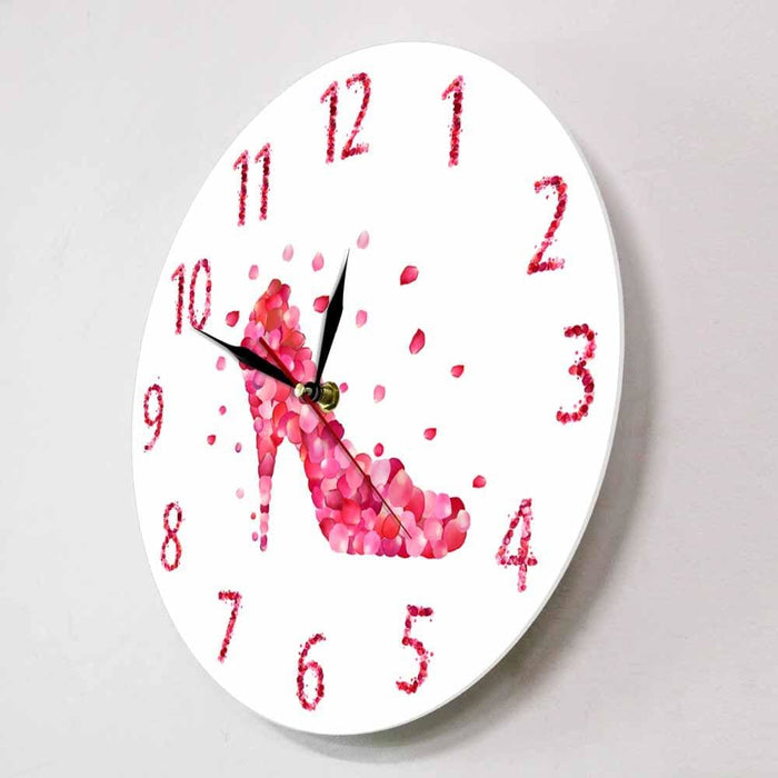Pink Rose Petal Style High Heels Shoe Silent Wall Clock