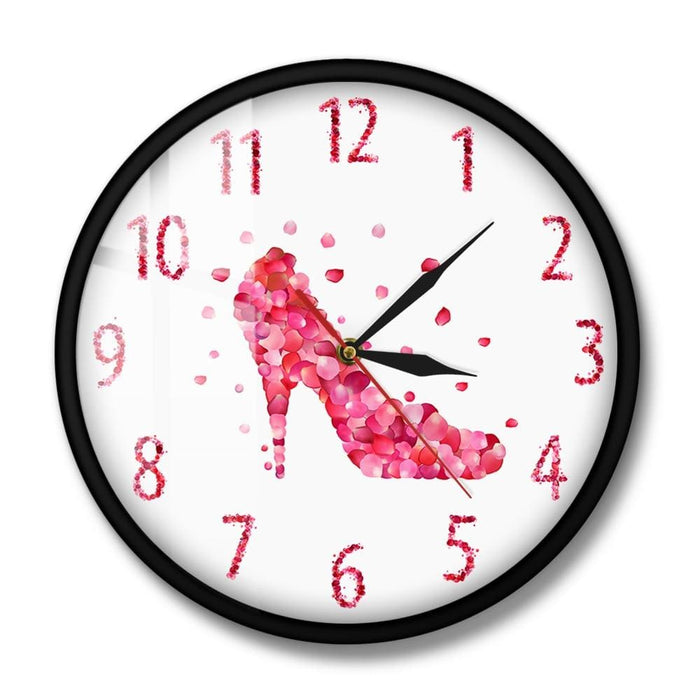 Pink Rose Petal Style High Heels Shoe Silent Wall Clock