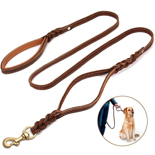 Real Leather Double Handle Dog Leash