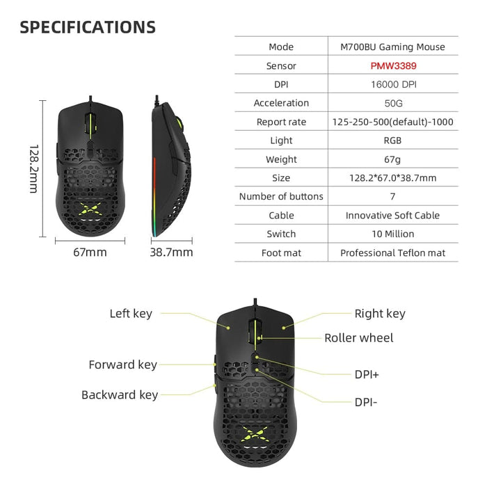 Rgb Lightweight Gaming Mouse Honeycomb Shell Ergonomic