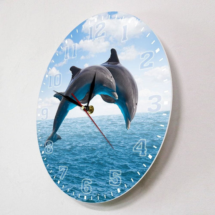 Two Jumping Dolphins Seascape Blue Wall Clock Deep Ocean