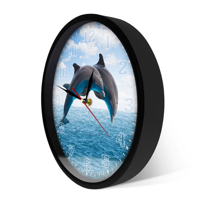Two Jumping Dolphins Seascape Blue Wall Clock Deep Ocean