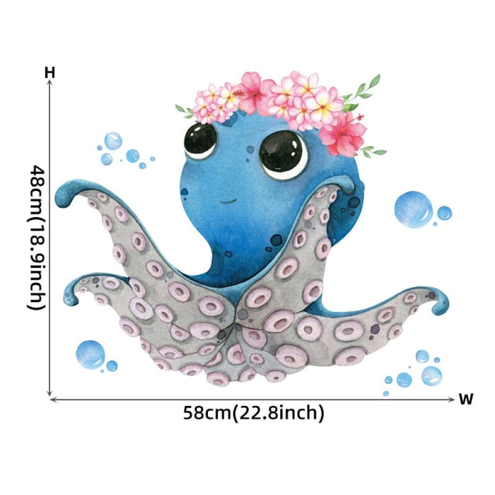 Watercolor Cartoon Cute Octopus With Flowers Underwater