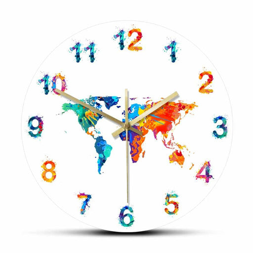 World Map Watercolor Decorative Silent Wall Clock Flat Earth