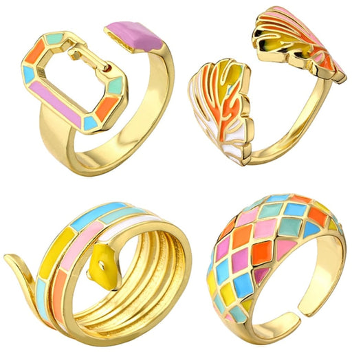 Funny Colour Enamel Adjustable Rings 18k Gold Plated